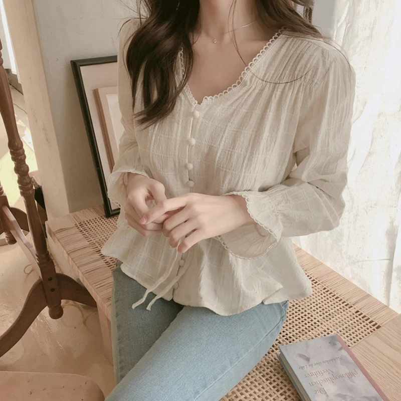 Camisas Mujer, длинный рукав, одноцветная блузка, женская рубашка с расклешенными рукавами, уличная одежда, Свободный кардиган, женская блуза, топы с v-образным вырезом, 6875 50