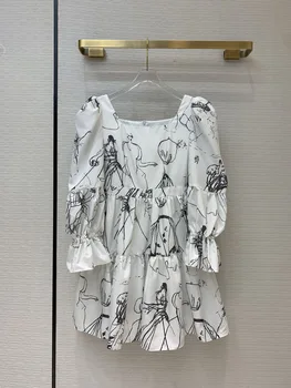 

High Quality Mini Dress 2020 Early Autumn Women's Luxury Brand Retro Art Style Abstract Print Puff Sleeve Lotus Leaf Dresses New