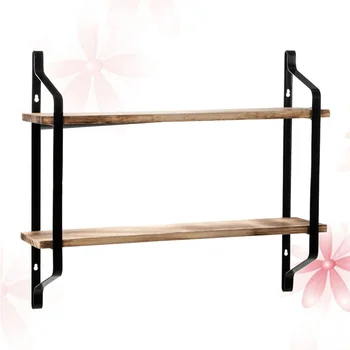 

Wall Mounted Rack Double Layer Metal Frame Wooden Board Carrier Shelf Creative Book Flowerpot Holder for Home Office Kitchen