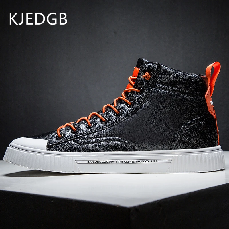 

KJEDGB New High-top Leather Men's Casual Shoes PU Black White Flats Sneakers Comfortable Men's Shoes Support Dropshipping