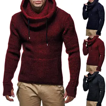 

Casual Men Solid Color Long Sleeve Drawstring Heap Collar Knitwear Slim Sweater Men's Wool Turtle Neck Sweater Pullover Menswear