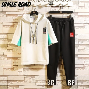 

SingleRoad Mens Tracksuit Men Clothing 2020 Grey Patchwork Streetwear Hooded T-shirt Shorts Sportswear Hip Hop 2 Pieces Set Male