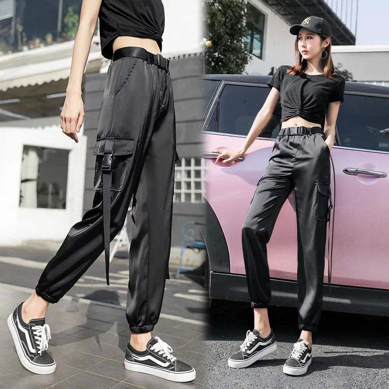 

New Cargo Pants Women High Waist Pockets Ribbon Trousers Female Loose All Match Fashion Pantalon Femme