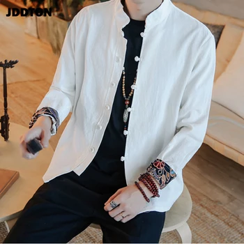 

JDDTON New Mens Chinese Style Cotton Linen Casual Mandarin Collar Man Long Sleeve Loose Shirts Male Retro Shirt Streetwear JE085