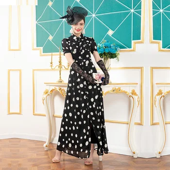 

2020 Office Lady Chiffon Spring Short Dress Summer Printed Dots Ankle-Length Luxury Printed Women Dress DZ1195