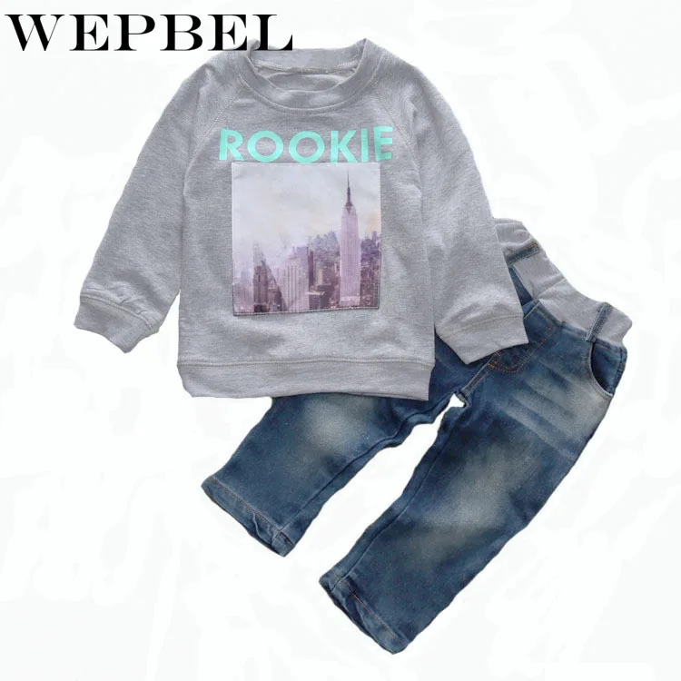 WEPBEL/2 предмета, Осеннее хлопковое пальто для маленьких мальчиков, рубашка, свитер+ джинсы, джинсовые штаны, наряды