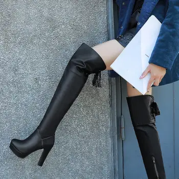 

LAIGZEM Women's Over Knee Boots Thick Heels Faux Leather Zip Platform Winter Boots Botas Botines Mujer Large Size 33 43