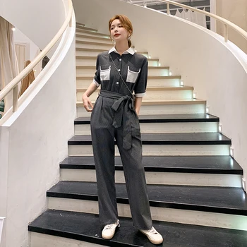 

Women 2020 New Fashion Casual Jumpsuit High Belt Button Jumpsuit Short Sleeve Office Ladies Belt Jumpsuit