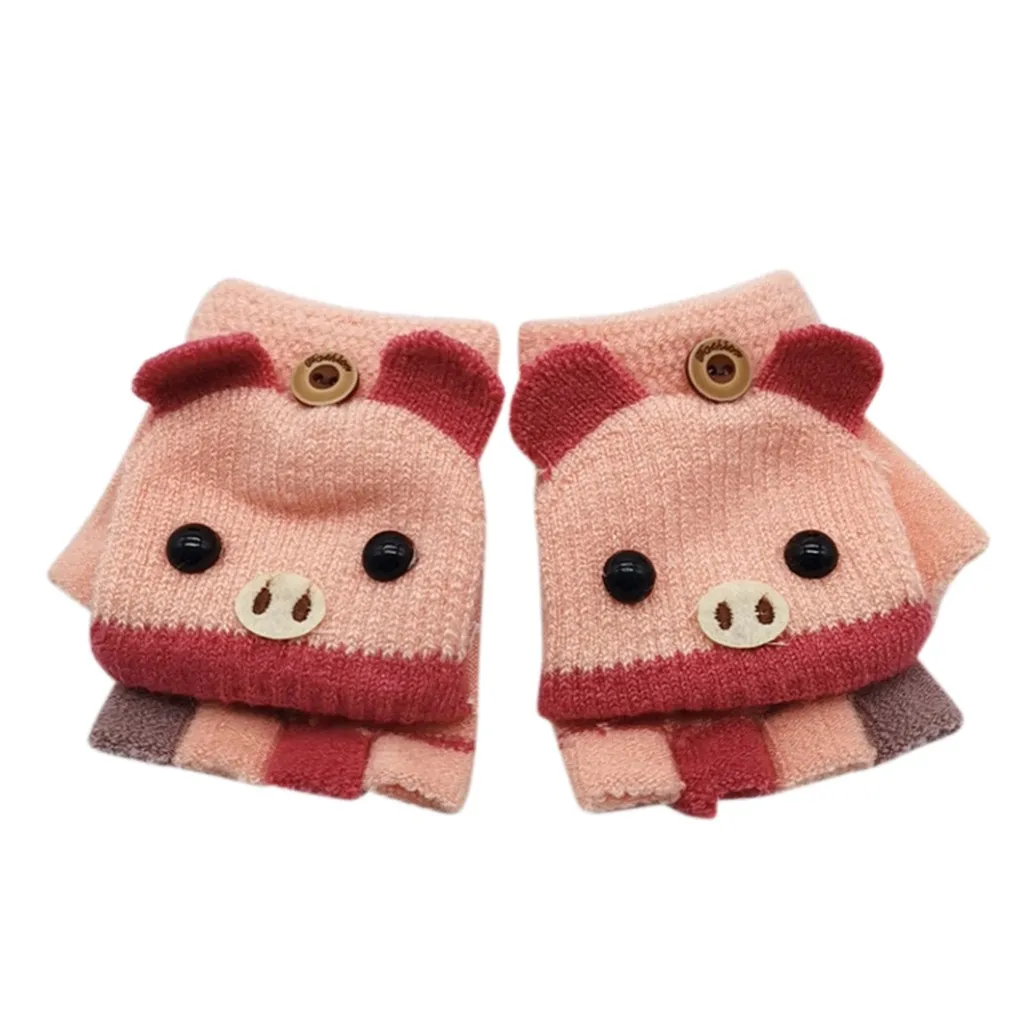 Варежки для детей, детские зимние теплые вязаные варежки без пальцев с рисунком поросенка из мультфильма, модные