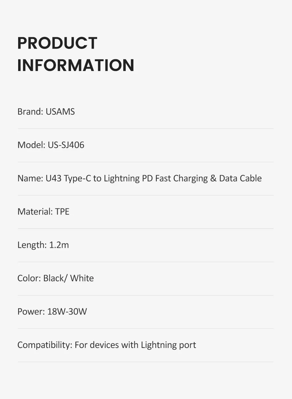 Кабель быстрой зарядки USAMS PD type C для освещения, 18 Вт, для iPhone 11 Pro Max 8, XR, XS, Macbook, PD, зарядное устройство, шнур для передачи данных, USB C, кабель для USB-C