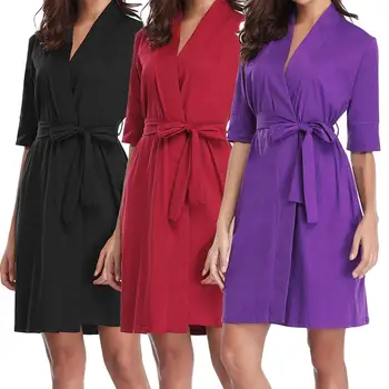 

Women Half Sleeve Solid Color Casual Sleepwear Cotton Intimates Nightgown Pajama Sleepshirts Lounge Set Bathrobe With Belt