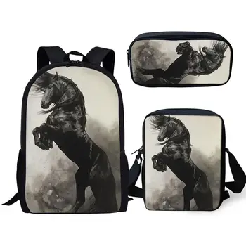 

3Pcs/Set Handsome Black Horse Prints School Bags for Boys Teenager Girl Friesian Horse Backpacks Student Travel Bagpack Mochila