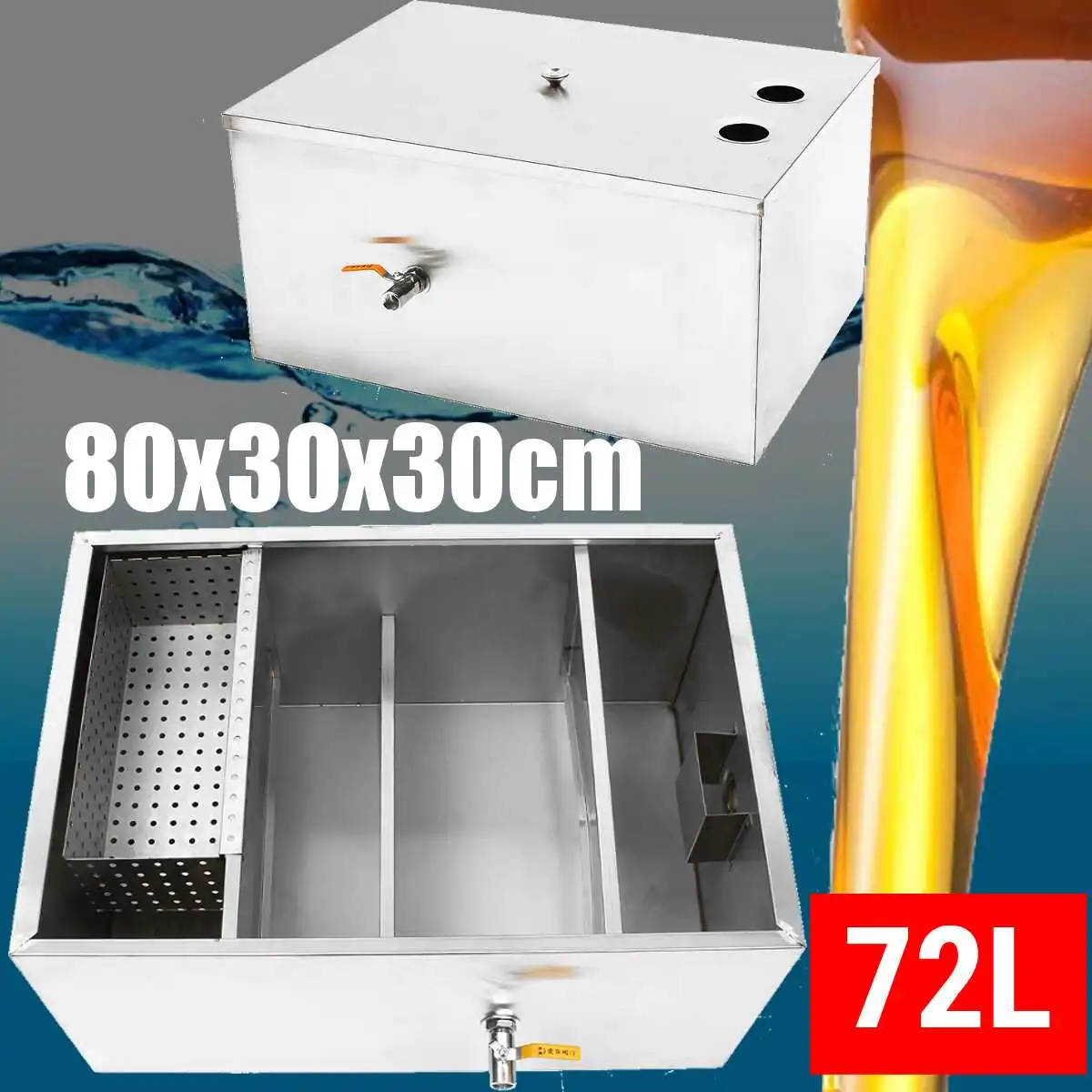 

72L 80*30cm Grease Trap Interceptor Wastewater Filter Commercial Interceptor Grease Trap for Restaurant Kitchen Stainless Steel