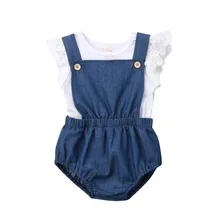 Новая джинсовая одежда для маленьких девочек; Одежда для новорожденных; кружевной топ; футболка; Рабочий Комбинезон; летняя одежда