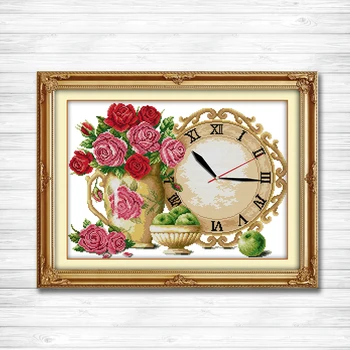

Flowers Vase clock rose decor painting counted print on canvas DMC 14CT 11CT Chinese Cross Stitch Needlework Set Embroidery kits