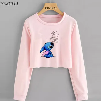 

Sudaderas Mujer Casual Stitch Crop Hoodie Cartoon Print Tracksuit Women Hoodies Pullovers O-neck Sweatshirt Moleton Feminino
