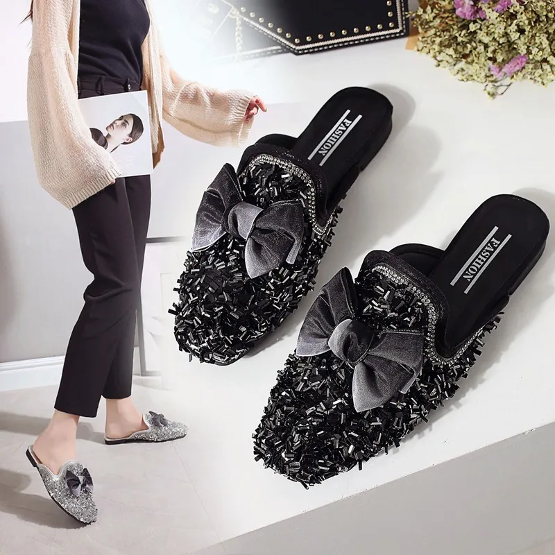 

2019 Spring Flat Heel Man-made Diamond Closed-toe Slipper Bow Anti-slip Slipper Women's Korean-style Comfortable WOMEN'S Shoes