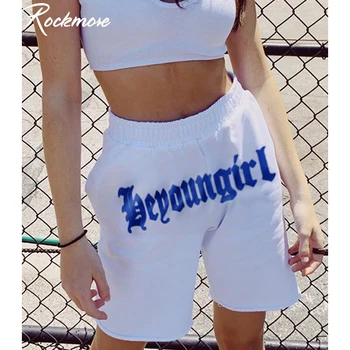 

Rockmore Letter Printed Shorts Elastic Waist Plus Size Women Shorts High Waisted White Harajuku Sweatshorts Femme Streetwear