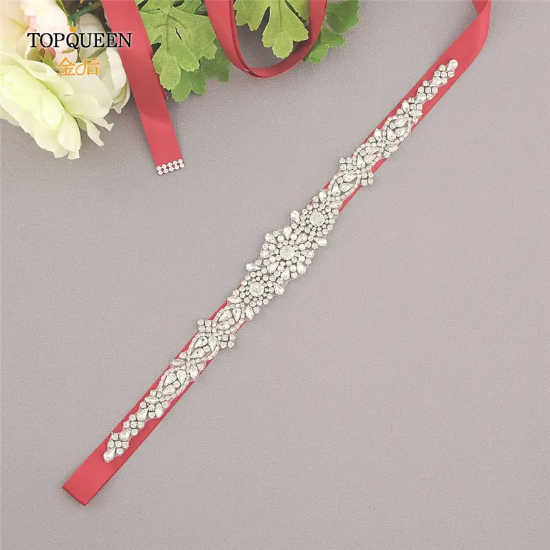 TOPQUEEN S351 Стразы для подружки невесты жемчужный пояс женские жемчужные Сатиновые пояса для невесты Новые свадебные пояса - Цвет: Wine red