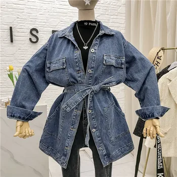 

2020 Spring New Mid-Length Denim Jacket Women's Loose Casual Jeans Coat Belt Jean Jackets Female Denim Coats Students Streetwear