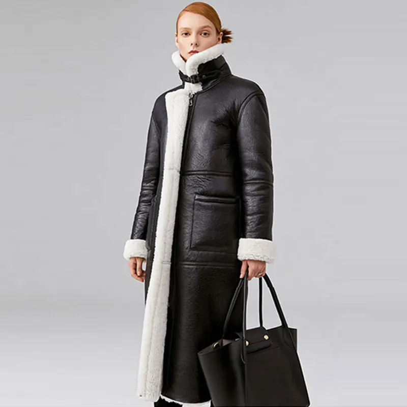 Одно пальто из овечьего меха, женская кожаная зимняя куртка, плотное пальто из натурального меха, Длинная зимняя куртка, Женская ветрозащитная водонепроницаемая верхняя одежда