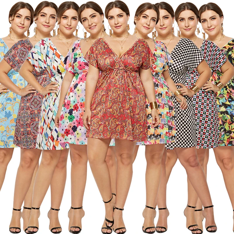 sexi informal de talla para mujer, gordita de verano con cuello de pico y estampado Floral, Vestido de manga corta, vestido Vintage playero para mujer 4XL|Vestidos| - AliExpress