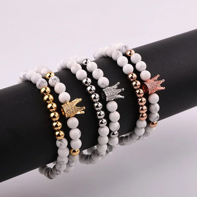 Dropshipping New Design Natural Stone CZ Pave Crown Charm Elastic Bracelet Set Men Women Jewelry Gift - Image 4