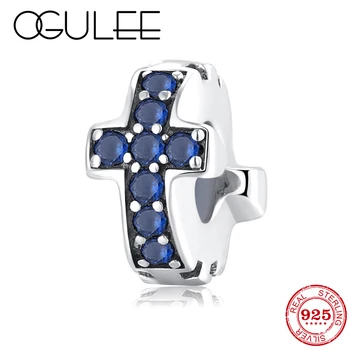 

100% 925 Sterling Silver Charm Blue Cross CZ Spacer Stopper beads for Jewelry making Fit Original Pandora Charm Bracelet Bangles