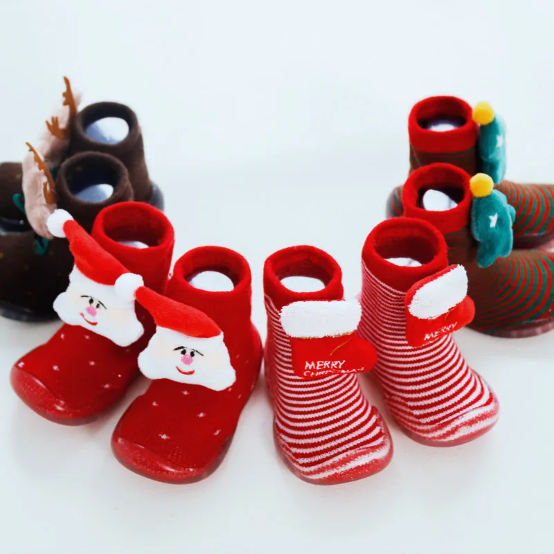 19 новая стильная Рождественская обувь; сезон осень-зима; рождественские детские тапочки с рисунком; нескользящие носки-тапочки для малышей