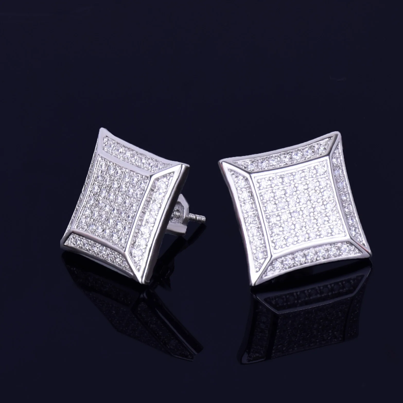 15MM Big Square Men Stud Earring Gold Silver Full Cubic Zircon Screw Back Earrings Hip Hop Jewelry for Women