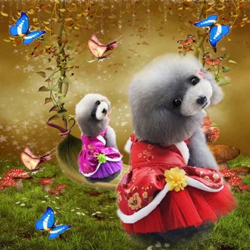 

Pet Dog Chinese Traditional Style Clothes Silk Bubble Princess Dress Dog Girl wedding dress Autumn Winter Small Puppy Costume