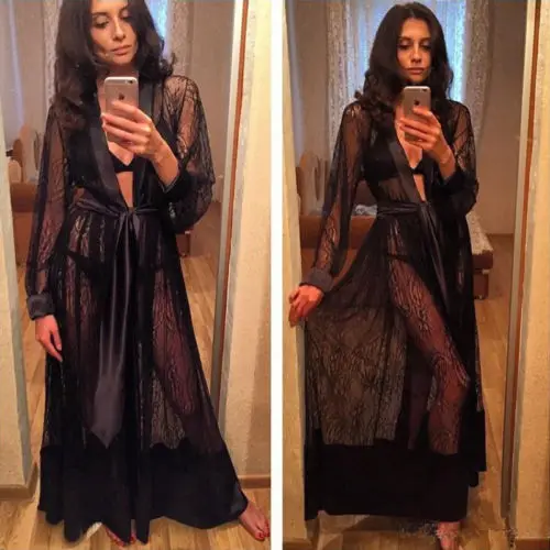 

Hot Lace Up Babydoll Lingerie Nightdress Women Sexy Long Silk Kimono Dressing Gown Bath Robe Sleep Dress Night Wear Sleepwear