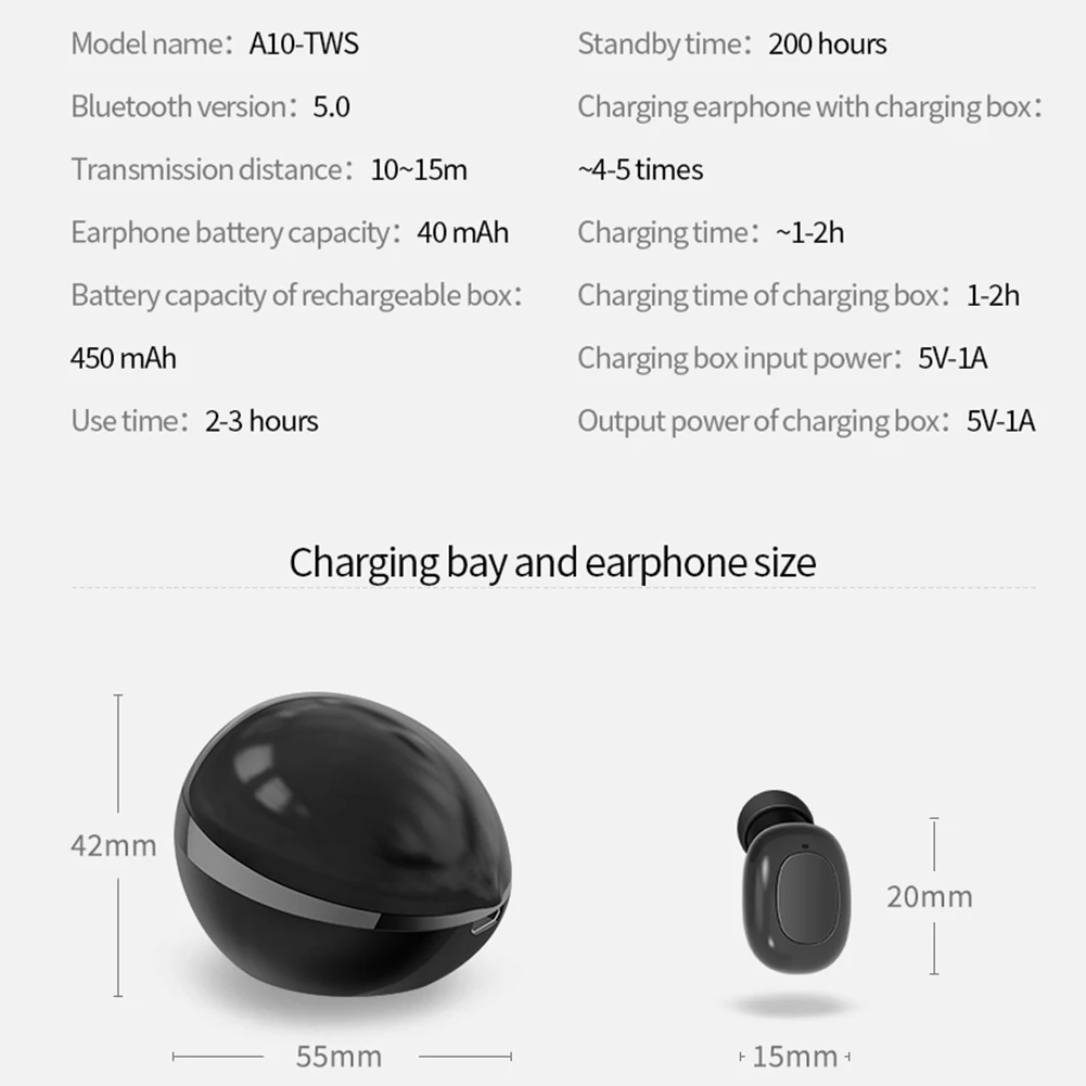 A10 TWS, Bluetooth 5,0, прочные наушники в ухо, HIFI, беспроводные наушники, зарядка через usb, музыка, стерео, бинауральные звонки, универсальное Автоматическое Сопряжение