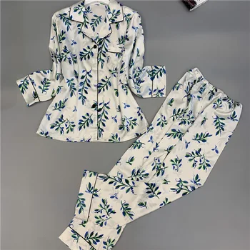 

Spring and Autumn 2020 New Pajamas Set Women Cute Simulation Silk Homewear Long Sleeve Trousers Two-piece Sleepwear