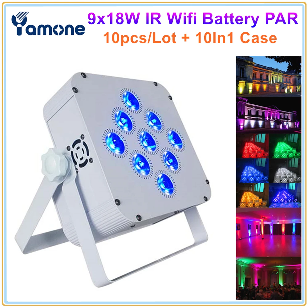 10 шт./лот с зарядным футляром 9x18 Вт RGBWA + UV 6 в 1 светодиодная батарея Par беспроводной