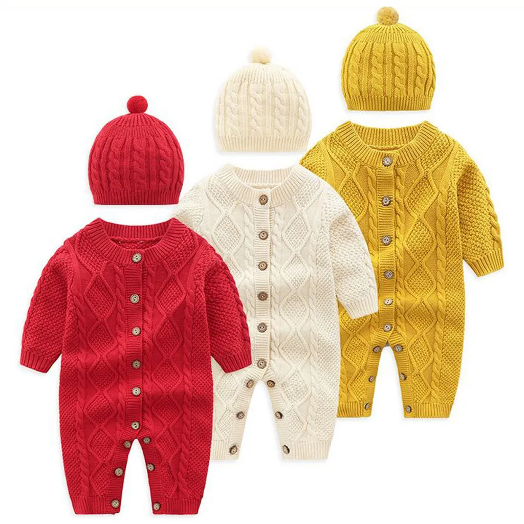 Комплект из 2 предметов; свитер для маленьких девочек и мальчиков; Вязаный комбинезон; вязаная шапка; Одежда для новорожденных мальчиков; зимний детский комбинезон; костюм