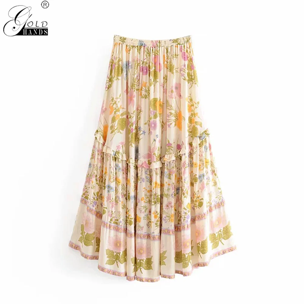 Золотые руки модные повседневные Jupe женские гофрированные длинные юбки Boho шикарные летние женские цветочные печати кисточкой лук шнурок юбка