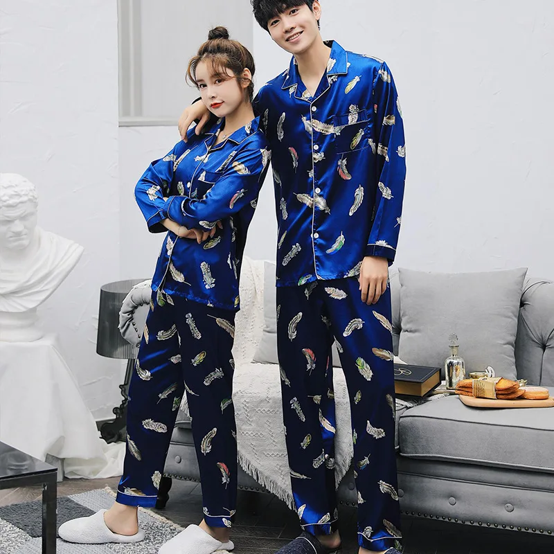

Autumn Couples Pajamas New Style Sweet Cardigan Feather Printed Long Sleeve Trousers Model Silk Homewear Set