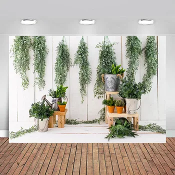 

White Wood Floor Green Potted Plants Spring Easter Baby Shower Newborn Photophone Backdrop Decor Photo Background Studio