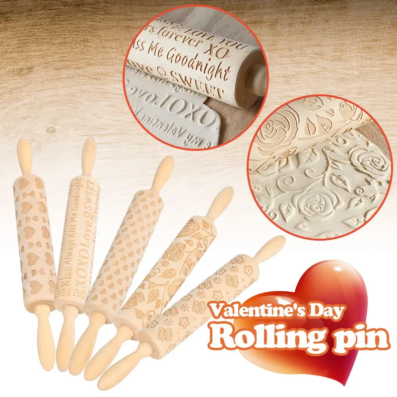 Wood Bakng Mold Heart-Shaped Rolling Pin Rose Valentine'S Day Romantic Embossing Mold Tool Kitchen Cookies Carving Cake DIY