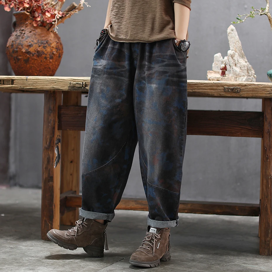 Women Jeans Denim Pants Bottoms Bleached Print Straight Big Loose Oversized Retro Fashion Casual for Autumn Winter AZ46181920