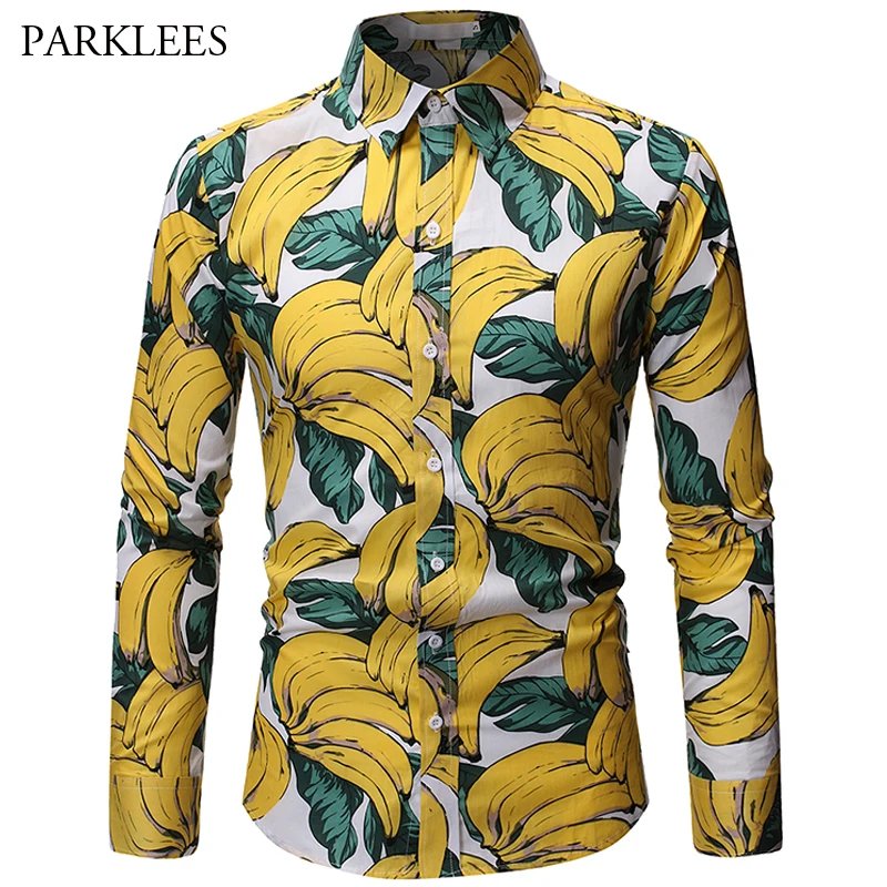 

Colorful Banana Printing Pattern Men's Long Sleeve 2019 Spring and Autumn New Fashion Loose Silm Fit Dress Camisas Hombre