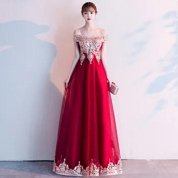 

2020 New Wome One Shoulder Burgundy Wedding Evening Dress Embridery Mesh Dresses Qipao Elegant Cheongsam Robe De Soriee