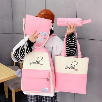 

4Pcs/Set Letter Print Canvas Backpack Large Capacity Female Travel Rucksacks Leisure Backpacks For Teenage Girls School Bagpack
