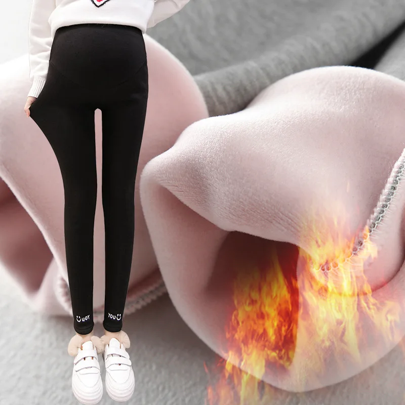 Winter Autumn Pregnancy Pregnant Women Leggings Letter Smile Pants Warm Velvet Nursing Abdomen Clothes For Maternity Skinny