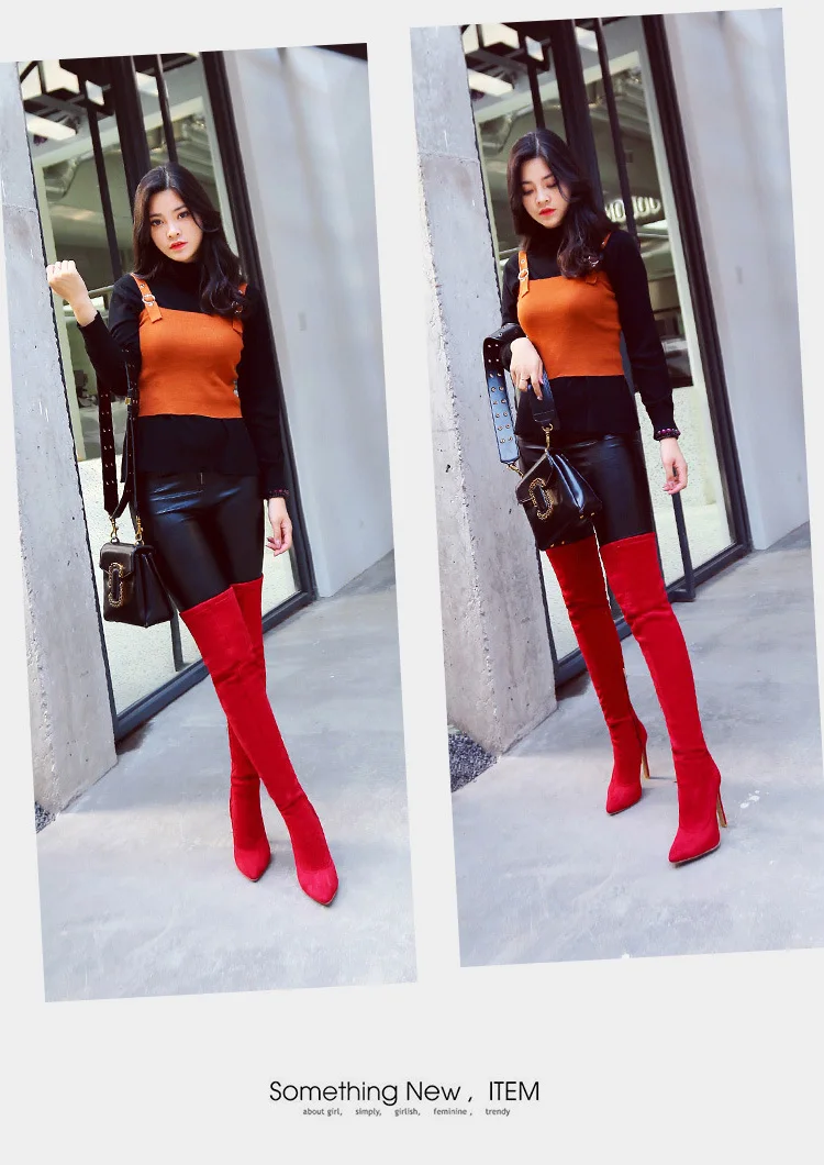 Red High Boots Female New Arrial Over-The-Knee Boots Autumn Shoes Women Pointed High-Heeled Boots Winter Thigh High Boots Ladies