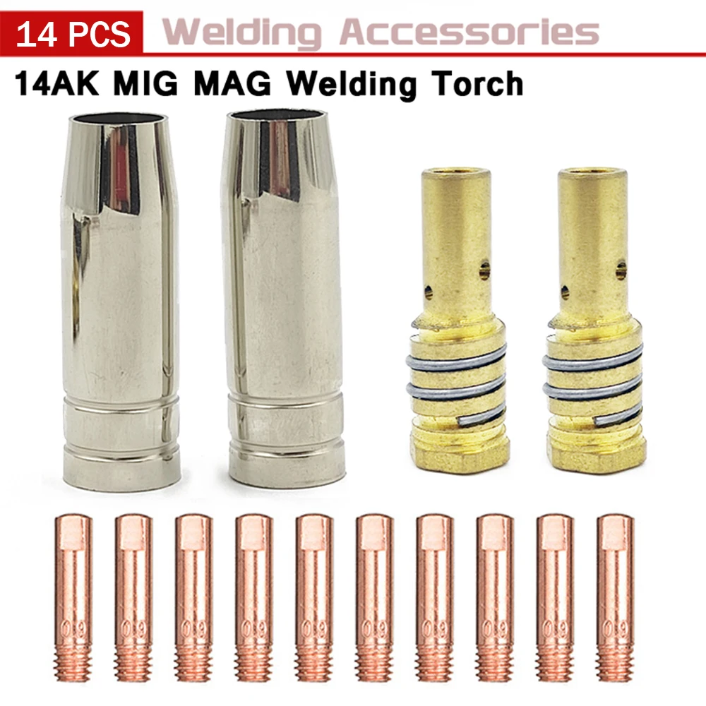 Welding Torch 14Pc MIG-14AK Welding Torch 0.6mm/0.8mm/0.9mm/1.0mm/1.2mm Consumables Torch Gas Nozzle Tip Holder For 14AK MIG MAG Welding
