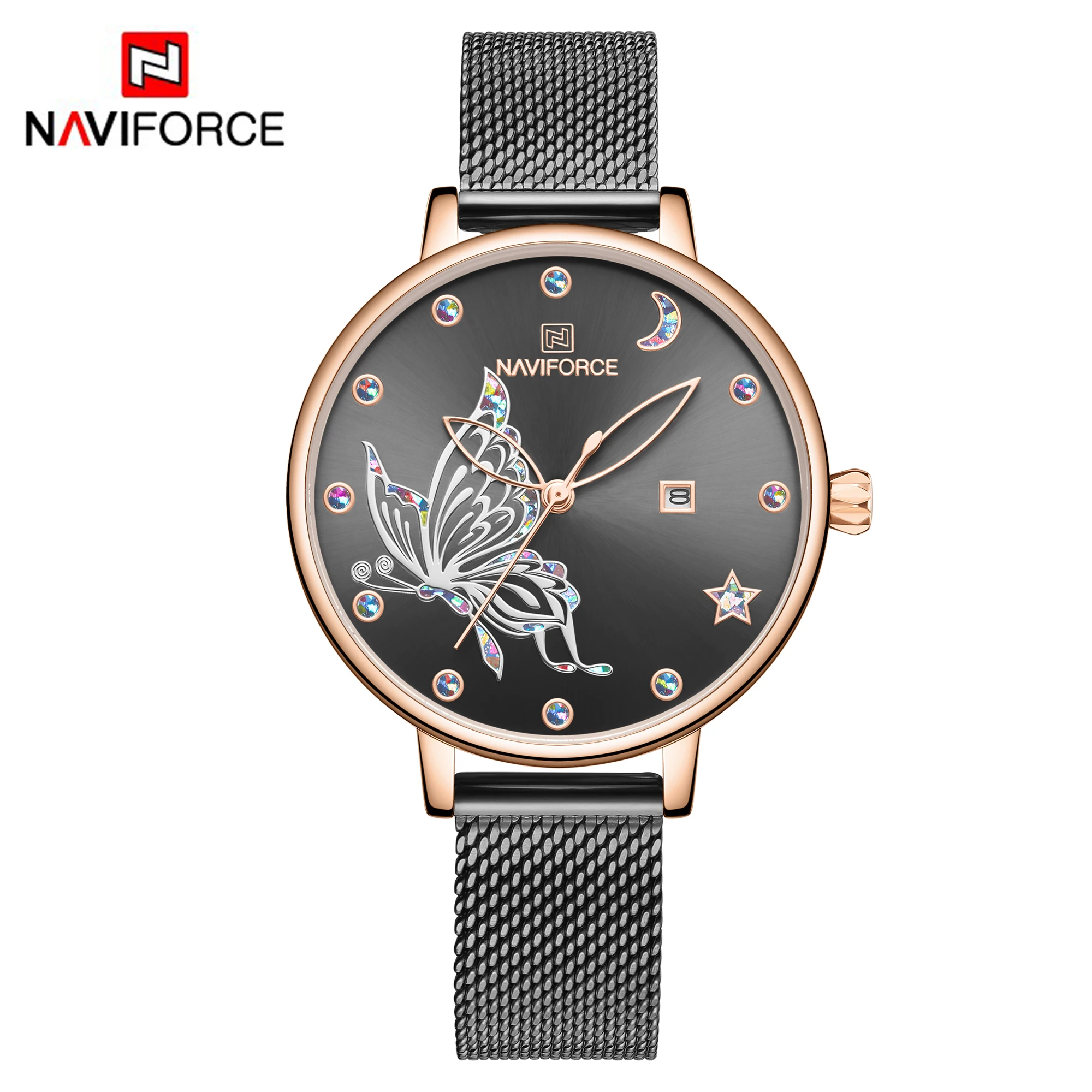 NAVIFORCE, новинка, женские часы, уникальная бабочка, нержавеющая сталь, сетчатый Браслет, кварцевые наручные часы для дам, девушек, модный подарок