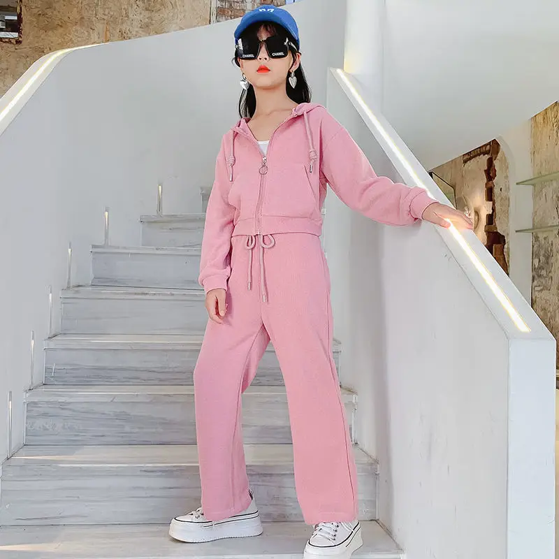 

2022 Children Clothing Suit Teenage Girls Clothing Sets Teen Girls Long Top+Wide Leg Pants Loose 2Pcs Set 6 8 10 12 14 Year