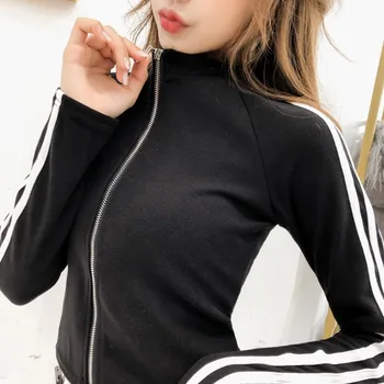 

New Women Autumn Fashion Black Slim-fit Zipper Jacket Casual Solid Color Jacket Pockets Stand Collar Simple Wild Jacket Coat